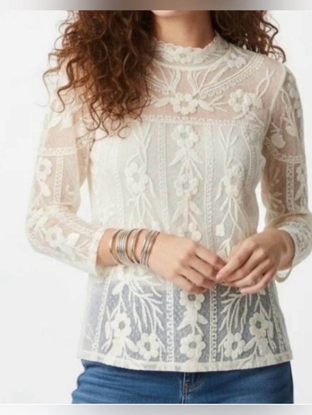 Sundance High Neck Ivory Embroidered Lace Long Sleeve Sheer Top Size Large